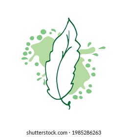 Leaf illustration with green splattered and blotched patterns on a white background, symbolizing ecology. Perfect for eco-themed designs, featuring a nature-inspired illustration promoting