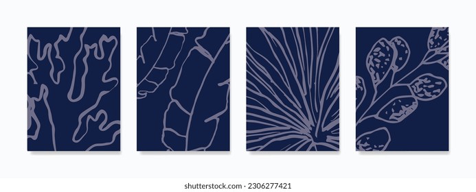 Leaf illustration wall art, featuring meticulously hand-drawn design lines in a captivating dark blue or purplish hue.