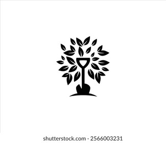 leaf image with black shovel vector illustration logo design