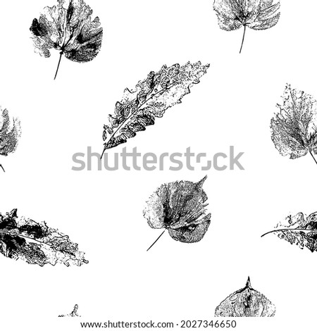 Leaf imprint seamless pattern.Hand-made gouache prints on paper. Paint impressions, stamps. Autumn wallpaper for your design. Made using frottage technique. Isolated. Vector illustration