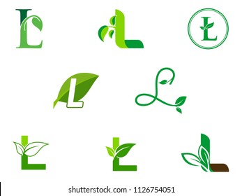 leaf initials L logo set, natural green leaf symbol, initials L icon design