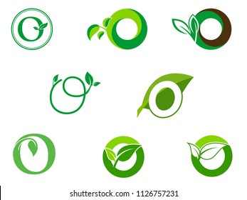 leaf initials O logo set, natural green leaf symbol, initials O icon design