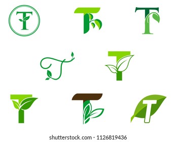 leaf initials T logo set, natural green leaf symbol, initials T icon design