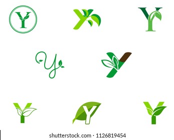 leaf initials Y logo set, natural green leaf symbol, initials Y icon design