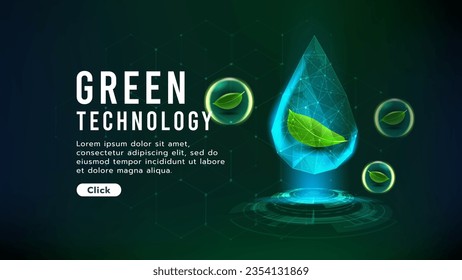 Leaf inside of falling drop water and bubble.Low polygon.Green technology and environment concept, water management and ecology system.Hi-tech and futuristic.Digital and technology concept background.