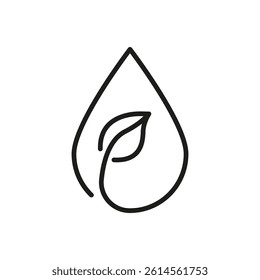 Leaf Inside Water Drop Line Icon. Eco-Friendly, Sustainable Water Usage, And Environmental Conservation Outline Symbol. Nature And Ecology Concept. Editable Stroke. Isolated Vector Illustration.