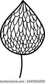 A leaf with intricate line patterns and a pointed tip in a stylized drawing. The leaf features overlapping scales creating a textured appearance. Cartoon vector illustration.