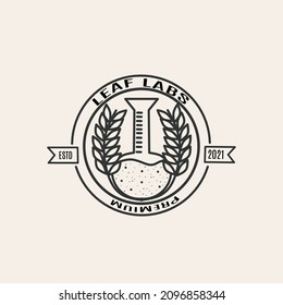 Leaf lab logo stripe line style hipster vintage icon illustration. laboratory test tube. Lab bottle, science, technology, research and ecology
