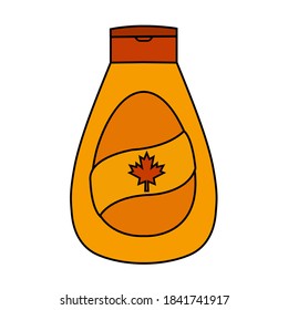 leaf label or logo contour bottle tube isolated for pancake flat design art. black line canadian sweet dessert template. plastic container natural puree maple syrup flavor icon & outline vector symbol