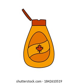 etiqueta de la hoja o el logotipo contorno del tubo de botella aislado para el diseño plano panqueque arte. línea negra patrón de postre dulce canadiense. contenedor de plástico símbolo del vector del símbolo del aroma de arce de puré natural