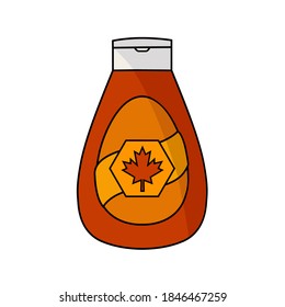 leaf label or logo contour bottle tube isolated for pancake flat design art. black line canadian sweet dessert template. plastic container natural puree maple syrup flavor icon & outline vector symbol