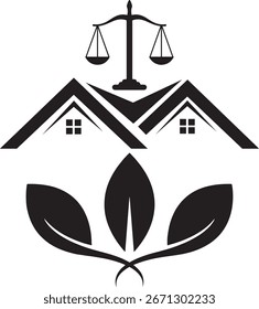 Plantilla de diseño de logotipo de concepto de forma de hogar de hoja y ley. conceptos de logotipo de escala negra. Bufete de abogados con el logotipo de Leaf Vector