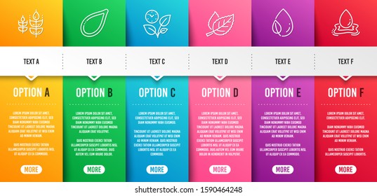 Leaf, Leaves and Pumpkin seed line icons set. Infographic timeline. Leaf dew, Gluten free and Water splash signs. Nature leaves, Grow plant, Vegetarian food. Water drop. Nature set. Vector