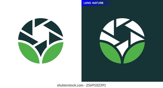 Leaf lens logo. Photoshoot, nature. Icon symbol design template EPS 10.	