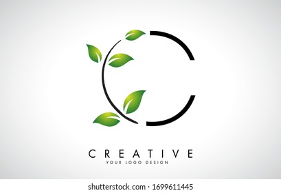 Leaf Letter C Logo Design with Green Leaves on a Branch. Letter C with nature concept. Eco and Organic Letter Vector Illustration. 