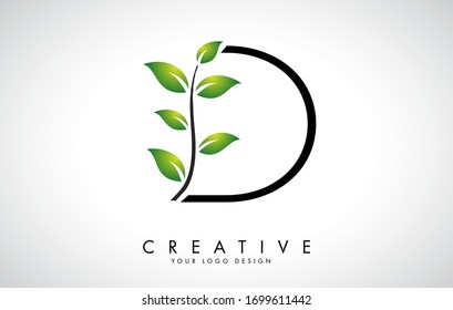 Leaf Letter D Logo Design with Green Leaves on a Branch. Letter D with nature concept. Eco and Organic Letter Vector Illustration. 