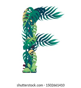 Leaf letter F with diffirent types of green leaves and foliage flat vector illustration isolated on white background