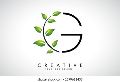 Diseño de logotipo de letra G con hojas verdes en una rama. Carta G con concepto de naturaleza. Ilustración de vectores de letras ecológicas y orgánicas. 