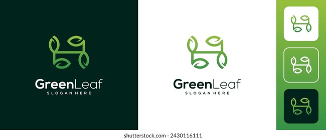 Leaf letter H logo design. Plantilla de icono para la marca con estilo simple y forma memorable