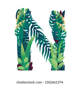 Leaf letter N with diffirent types of green leaves and foliage flat vector illustration isolated on white background