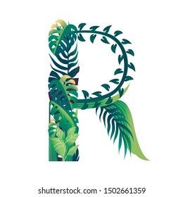 Leaf letter R with diffirent types of green leaves and foliage flat vector illustration isolated on white background