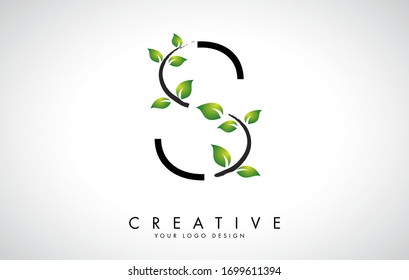 Leaf Letter S Logo Design with Green Leaves on a Branch. Letter S with nature concept. Eco and Organic Letter Vector Illustration. 