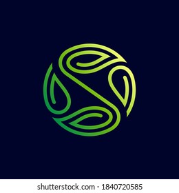 Leaf letter logotipo S. Hoja verde y letra S con concepto de línea en forma de círculo