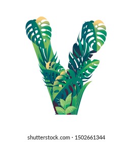 Leaf letter V with diffirent types of green leaves and foliage flat vector illustration isolated on white background