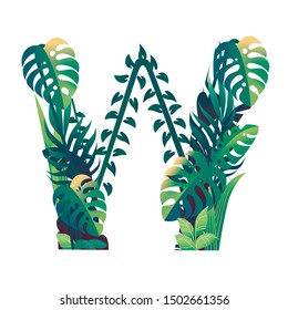 Leaf letter W with diffirent types of green leaves and foliage flat vector illustration isolated on white background