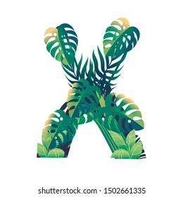 Leaf letter X with diffirent types of green leaves and foliage flat vector illustration isolated on white background