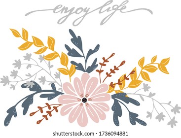 Leaf with lettering '"Enjoy life'. Cute hand drawn vector illustration for greetings card. Isolated object