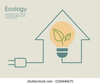 Leaf with light bulb in line house, nature conservation concept, Environmental protection. Vector design illustration.
