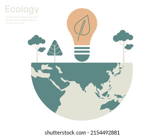 Leaf in light bulb and tree on globe, city life ecology concept. Vector design illustration.