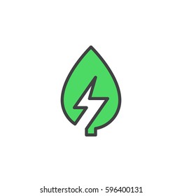 Leaf with lightning bolt line icon, filled outline vector sign, linear colorful pictogram isolated on white. Green energy symbol, logo illustration. Editable stroke. Pixel perfect