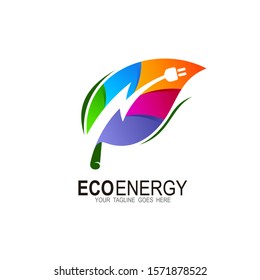 Leaf and lightning logo, Eco Energy Vector Logo with leaf symbol. Green color with flash or thunder graphic, Colorful icon
