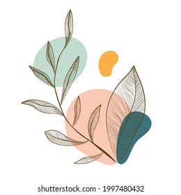 Leaf line art drawing with abstract shape. Abstract Plant Art design for print, cover, wallpaper,Leaf line art drawing with abstract pastel color.