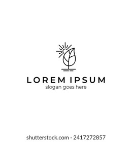 Leaf line art logo with shining sun