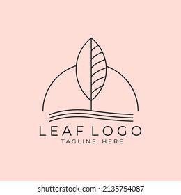 leaf line art logo vector illustration design with sunset