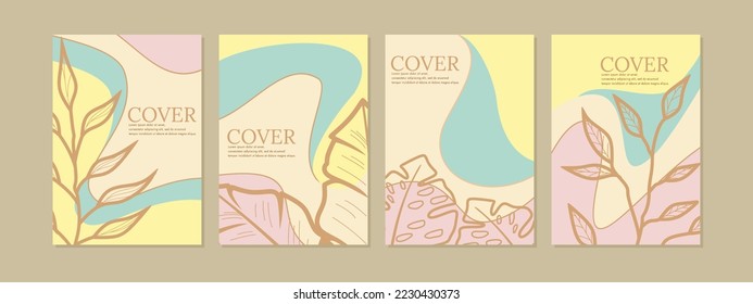 leaf line art pattern cover design set. abstract hand drawn floral background. A4 size for notebooks, journals, magazines, annual reports, invitations