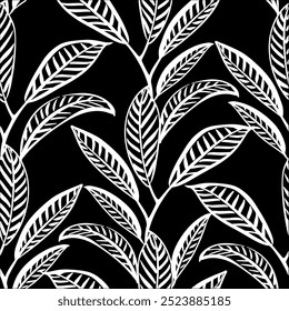 Leaf line art wallpaper background vector. Luxury natural hand drawn foliage pattern design in minimalist linear contour simple style. Design for fabric, print, cover, banner, invitation. 