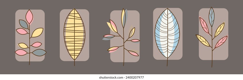 Leaf Line Icon with Color on Stem Vector Set