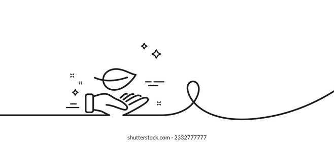 Icono de línea de hoja. Una línea continua con curl. Crecer el signo de la planta. Símbolo de cuidado ambiental. Leaf de la cinta de contorno simple. Patrón de curva de bucle. Vector