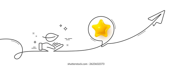 Leaf line icon. Continuous line with share plane. Grow plant sign. Environmental care symbol. 3d star in speech bubble. Leaf single line ribbon. Loop curve pattern. Vector