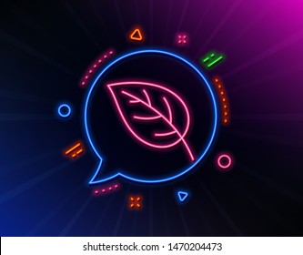Leaf line icon. Neon laser lights. Nature plant sign. Environmental care symbol. Glow laser speech bubble. Neon lights chat bubble. Banner badge with leaf icon. Vector