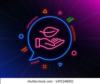 Leaf line icon. Neon laser lights. Grow plant sign. Environmental care symbol. Glow laser speech bubble. Neon lights chat bubble. Banner badge with leaf icon. Vector
