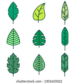 Leaf Line Icon Set. Green Minimal Flat Vector - EPS