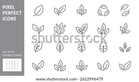 Leaf line icons. Vector illustration include icon - botany, herbal, ecology, bio, organic, vegetarian, eco, fresh, nature outline pictogram for flora. 64x64 Pixel Perfect, Editable Stroke.