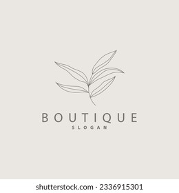 Leaf Line Logo, Beautiful Hand Drawn Design, Botanical Minimalist Vector, Simple Organic Plant Feminine Logo
