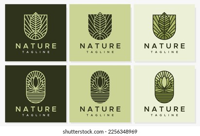 Leaf line logo design template collection. Simple line plant logo vector bundle.