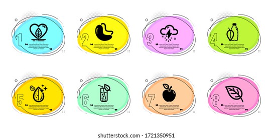 Leaf, Local grown and Water bottle signs. Timeline infographic. Water glass, Thunderstorm weather and Cashew nut line icons set. Apple symbol. Soda drink, Thunder bolt. Nature set. Vector